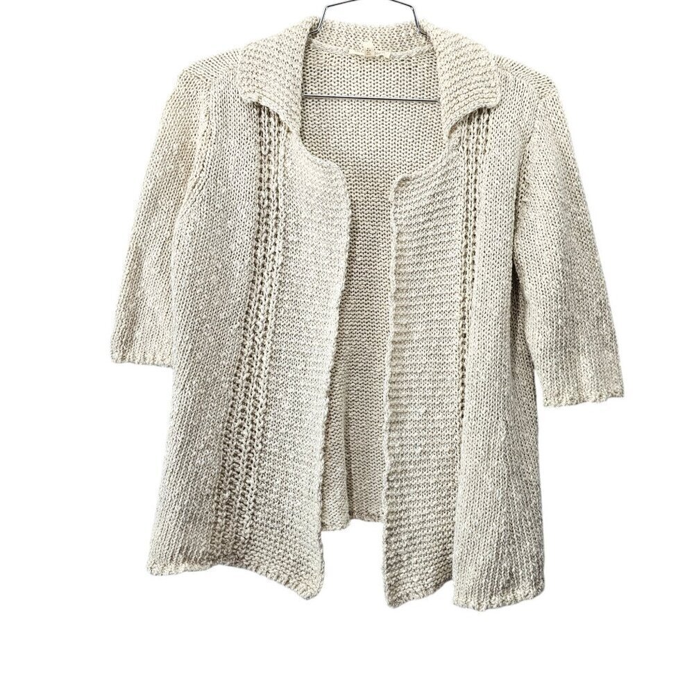 Eileen Fisher Linen Blend Short Sleeve Open Knit Cardigan Sweater